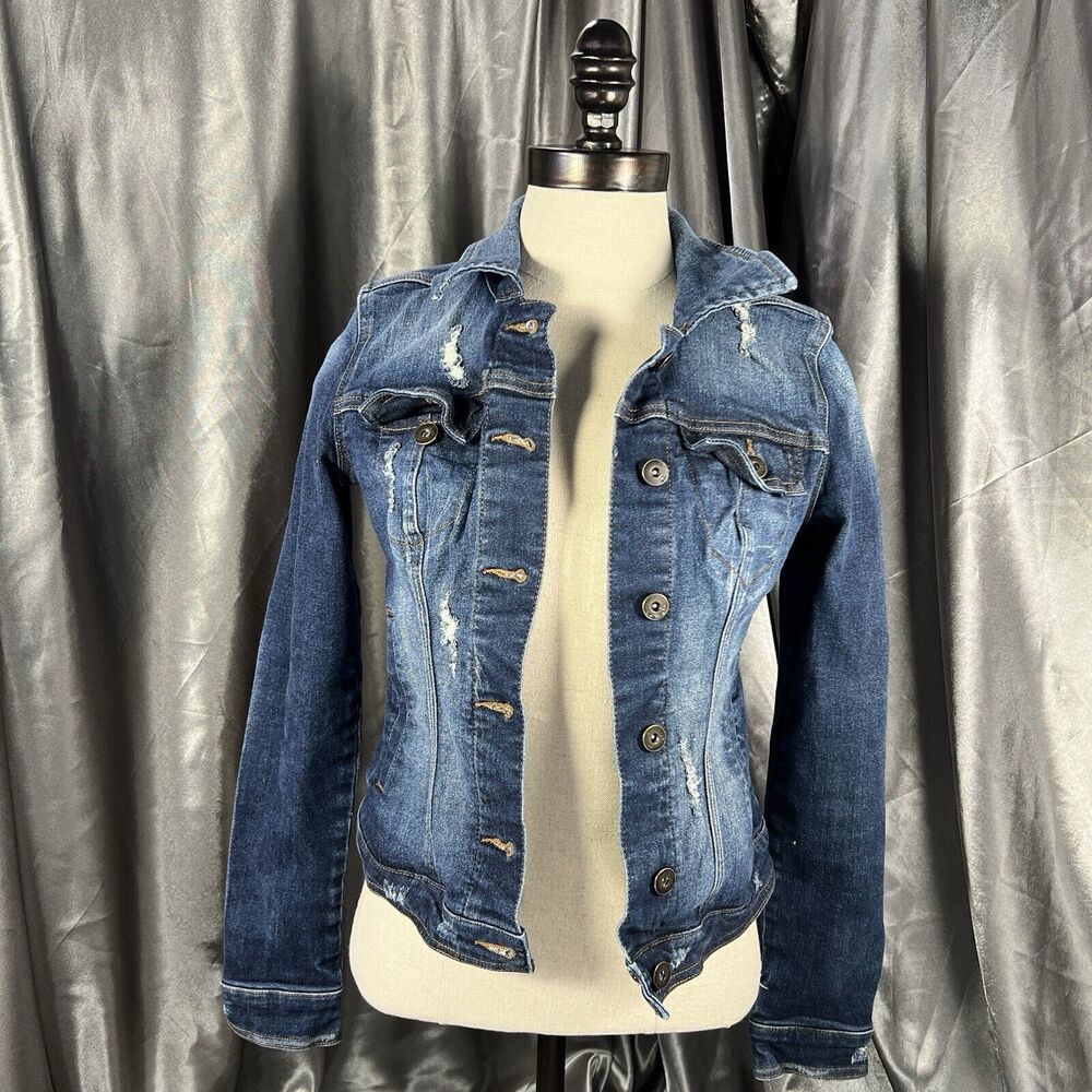 G By Guess Cropped Stretch Denim Jean Jacket Size S Holes Button Down Pockets